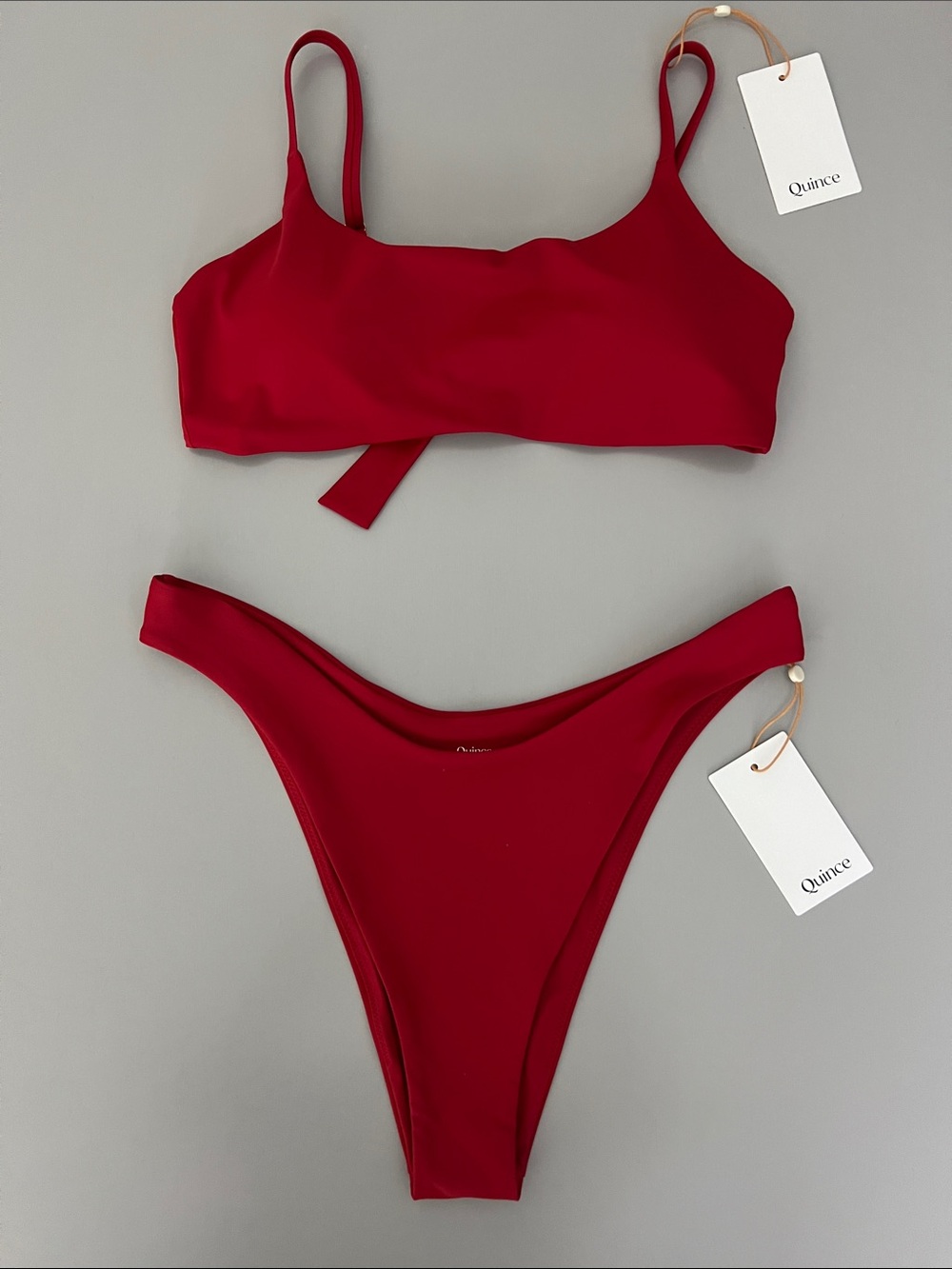 New Quince Italian Bikini Set Scoop-Neck Top & High Leg Bikini Bottom Cherry Red